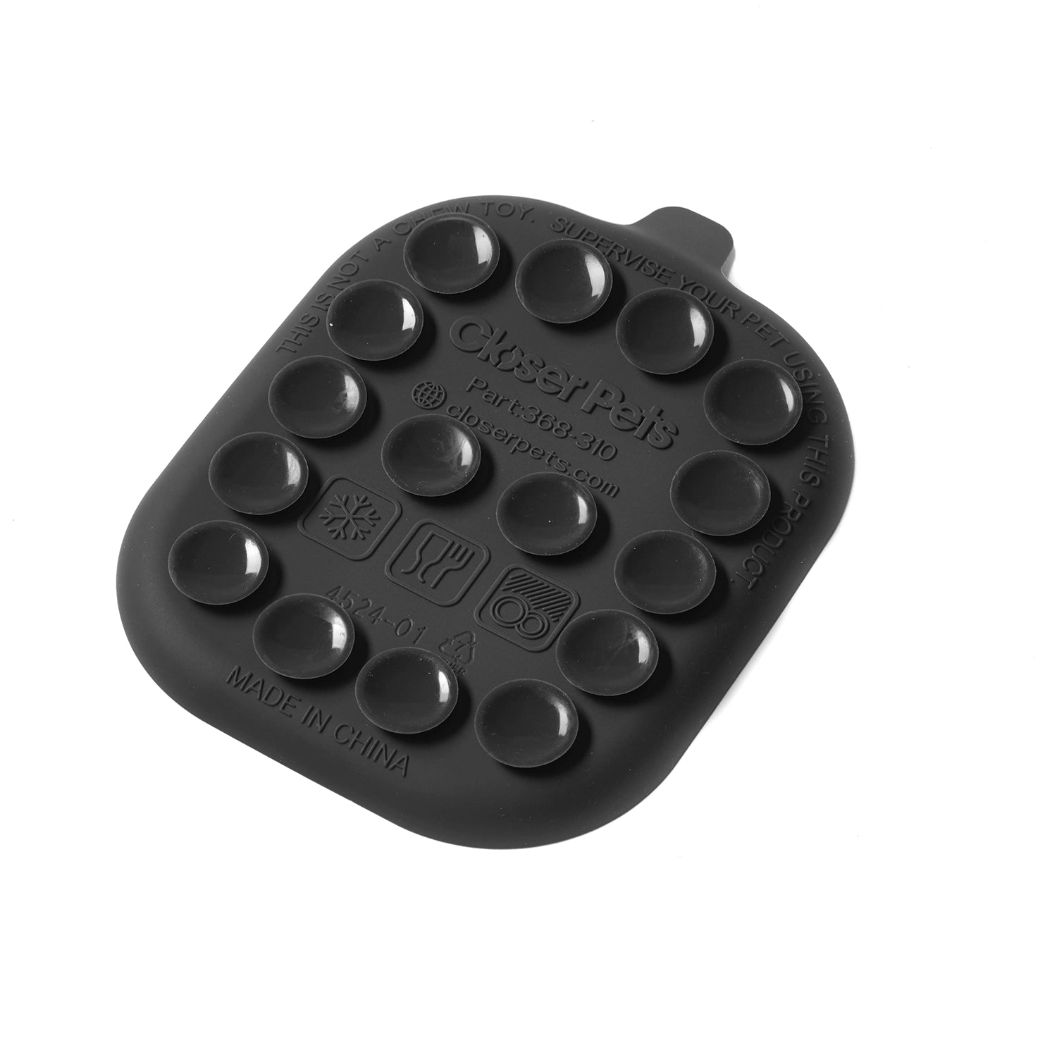 The underside of the black silicon lick mat displays the suction pads which can be used to adhere the lick mat to a surface suck as wood or tile 