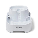 White pet water fountain which is suitable for both all breeds of dogs and cats with 'Dog Mate' branding on a white background