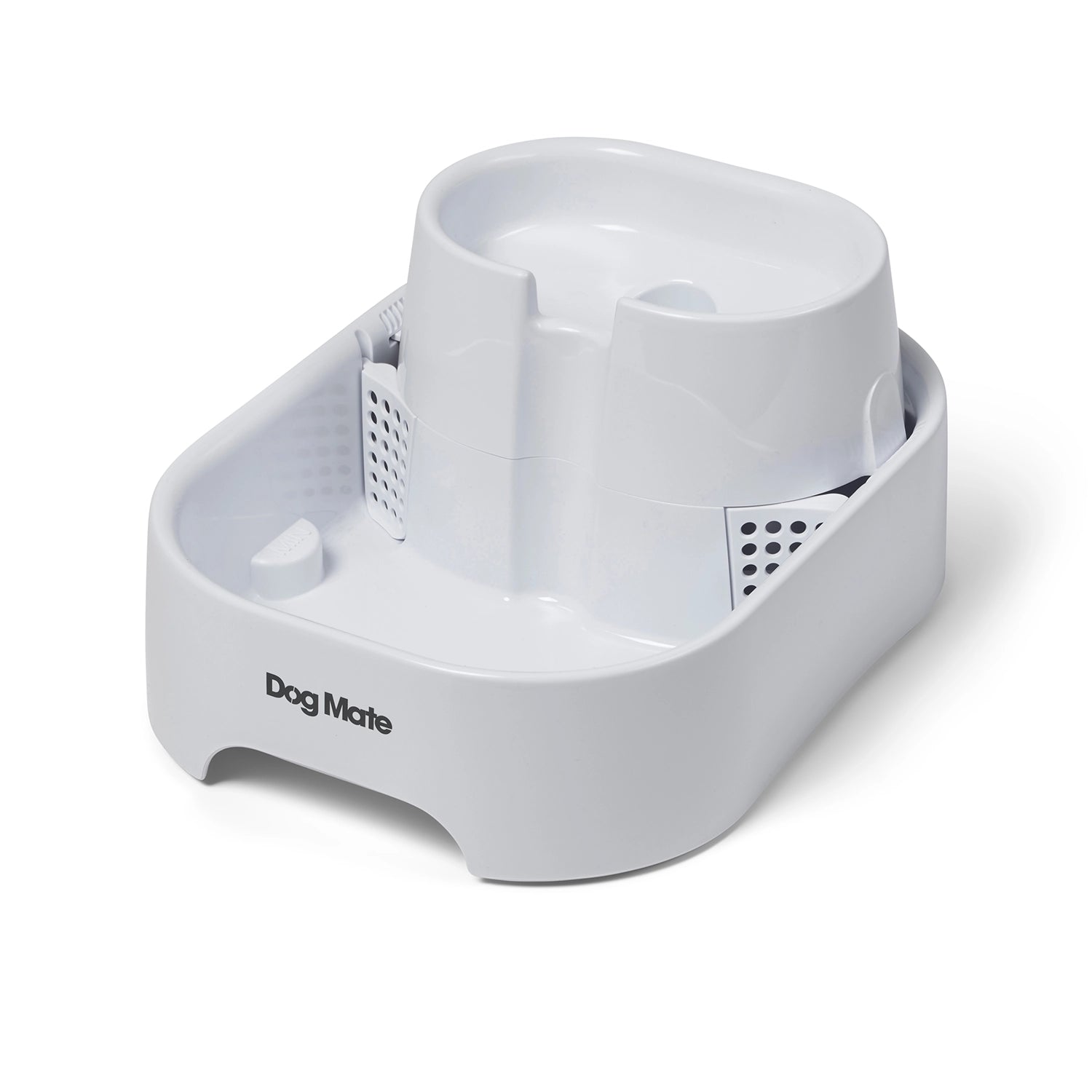Pet water fountain in white with a six litre capacity with 'Dog Mate' branding on the bottom tier against a white background