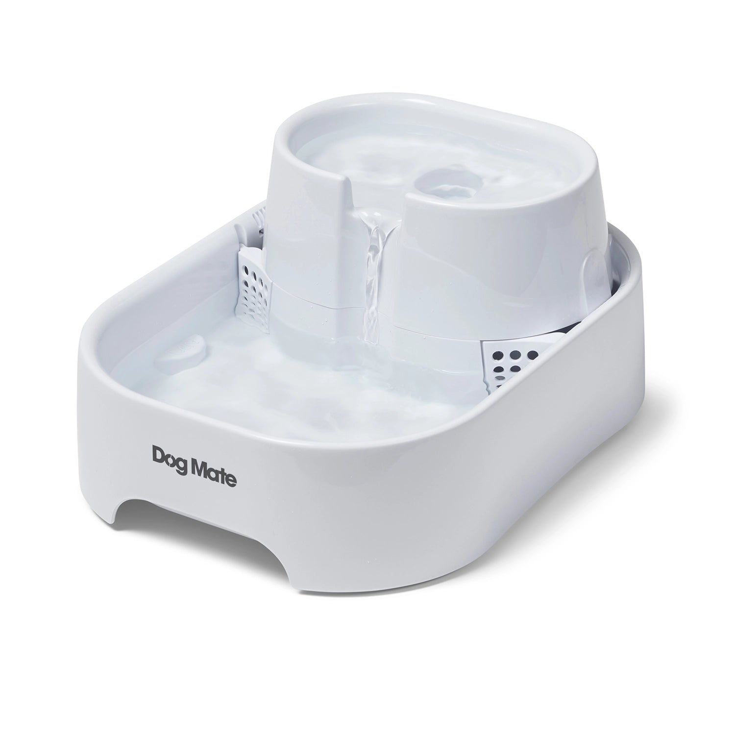 White pet water fountain with 'Dog Mate' branding  with water flowing from the top to the bottom tier below on a white background