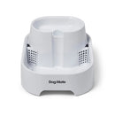 White pet water fountain with two drinking levels and a large 6 litre capacity with 'Dog Mate' branding which is suitable for all dog and cat breeds on a white background