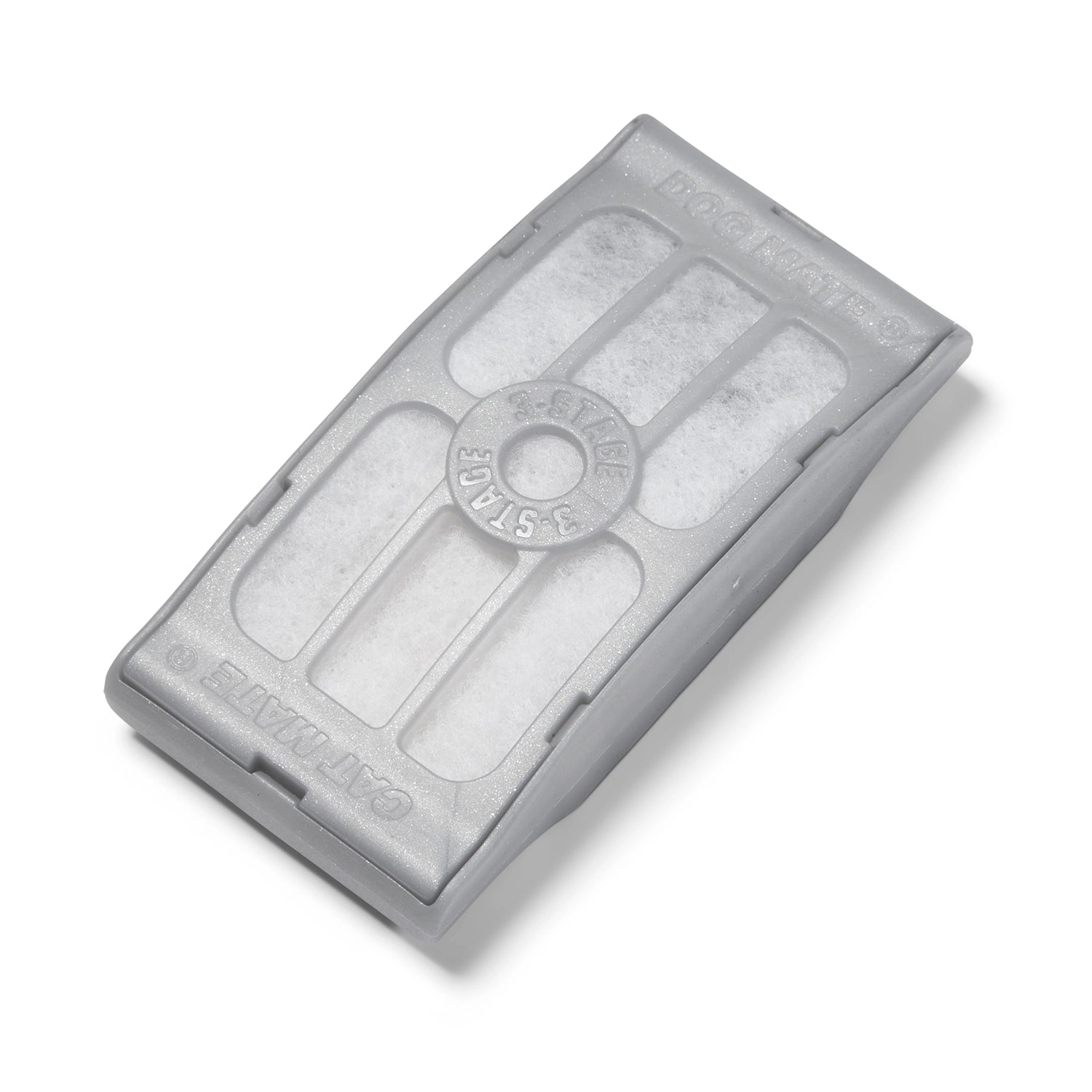 A single replacement three-stage filter cartridge in a grey case for a Cat Mate brand pet water fountain on a white background 