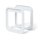 The cat flap adaptor kit in white consists of two plastic panels to assist with the installation of the 360 cat flap  in to UPVC and metal doors  