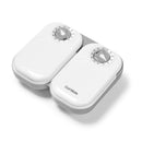 Two meal pet feeder with circular analogue timers  with a grey and white base on a white background