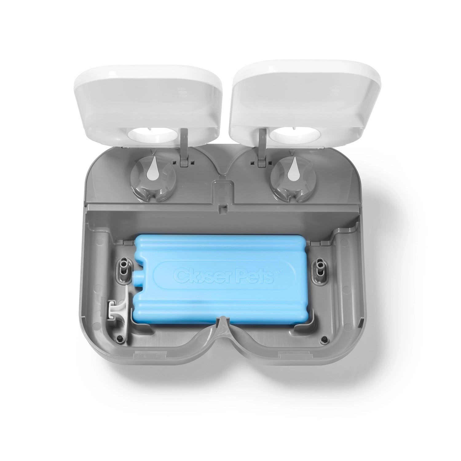 Top view of a grey and white automatic pet feeder suitable for cats and small dogs with a blue reusable icepack inside on a white background