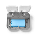 Top view of a grey and white automatic pet feeder suitable for cats and small dogs with a blue reusable icepack inside on a white background