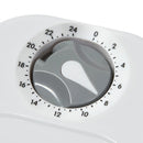 Close-up of a  grey mechanical timer with a white dial with a white background