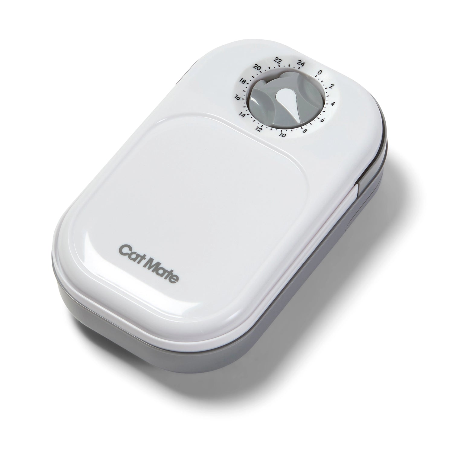 White and grey pet feeder with a timer on a  background, branded 'Cat Mate' in matching grey letters.