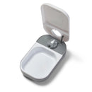 White and grey single meal pet feeder with the lid open on a white background