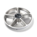 Stainless steel pet feeder with five compartments on a white background