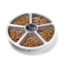 A stainless steel dish with five compartments filled with kibble and wet pet food on a white background