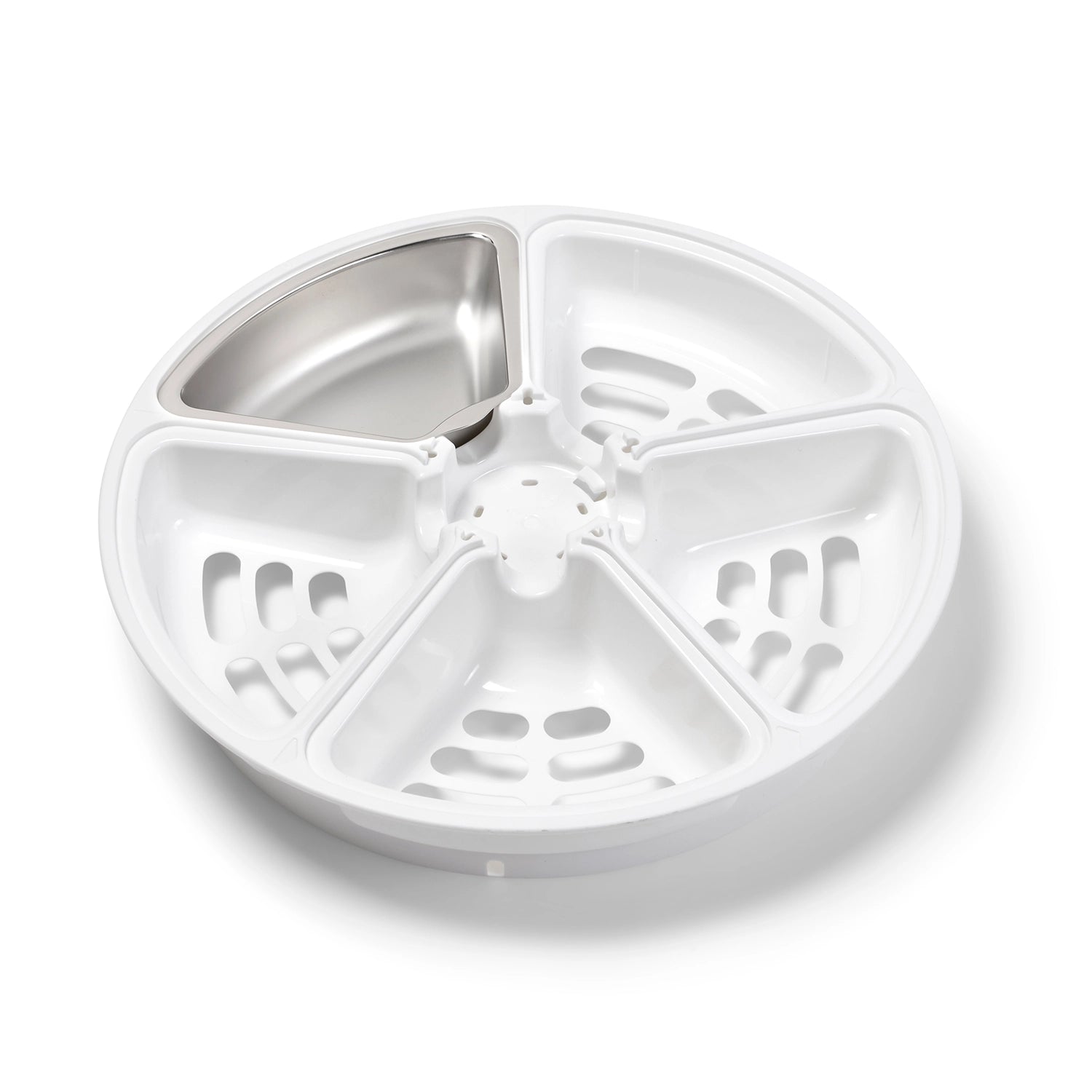 White plastic tray with compartments and a stainless steel bowl insert on a white background