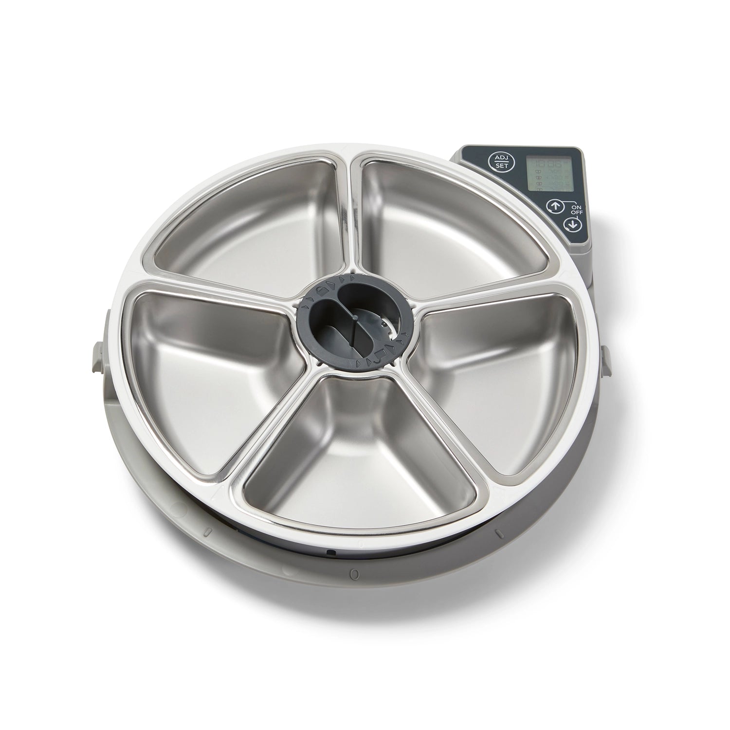 Stainless steel pet food bowl with digital display on a white background
