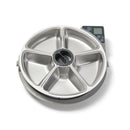 Stainless steel pet food bowl with digital display on a white background