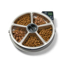 A stainless steel pet feeder dish with five compartments filled with kibble and wet food on a white background