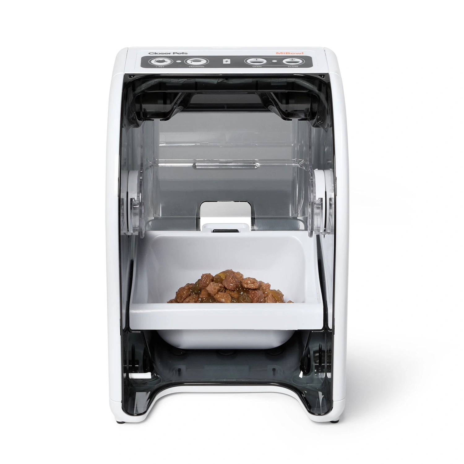 An automatic pet feeder which has a compact and modern design and can be used by up to ten individual cats providing that their microchip or electronic ID disk collar tag is paired with the feeder to ensure that only they can get the food inside the feeder 
