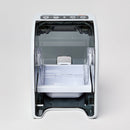 The microchip or magnetic ID tag activated plastic pet feeder which only allows access for one paired pet to the food inside the bowl, on a light background 