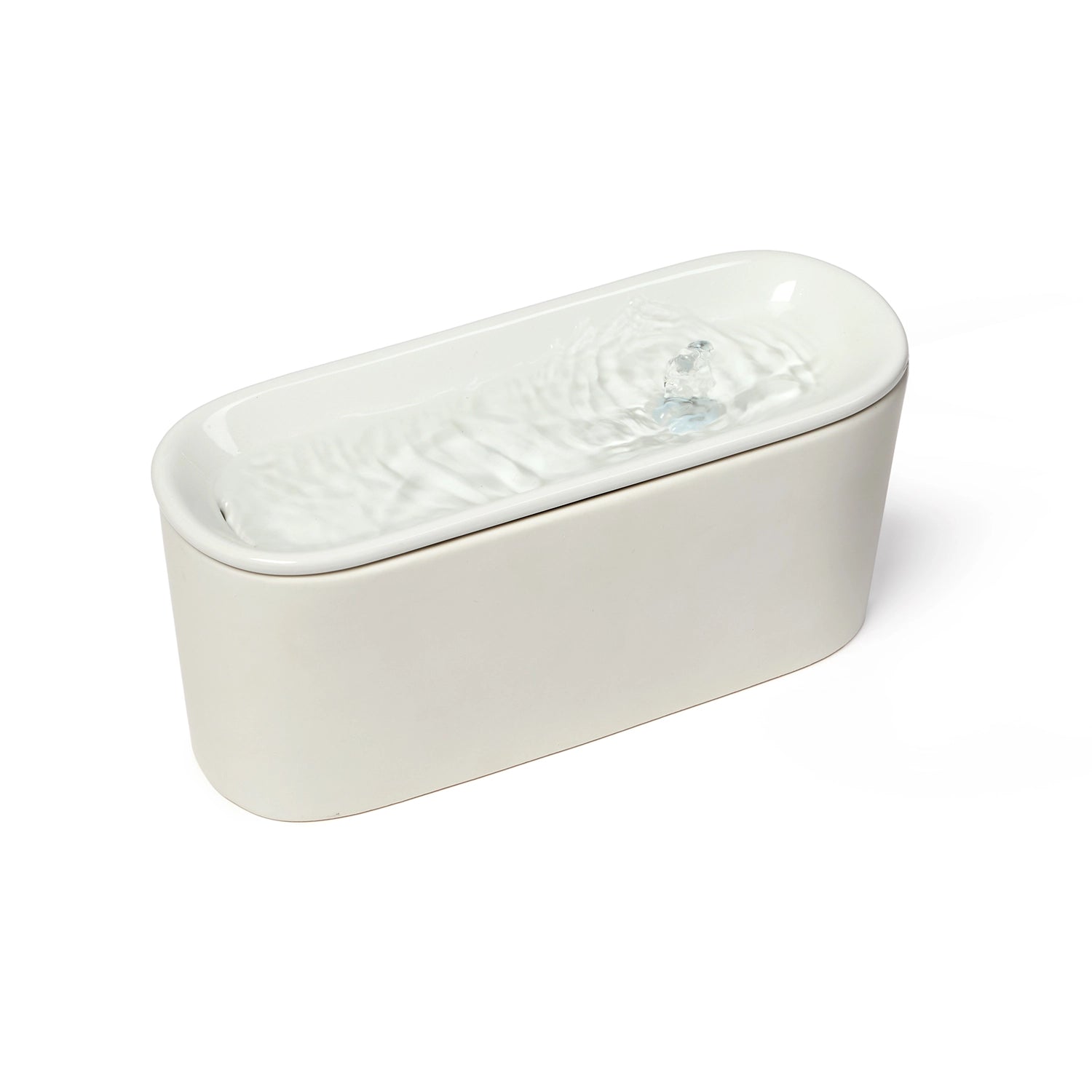 Cat Mate 800 ml capacity USB powered, ceramic cat water fountain in light grey with flowing water against a white background. 