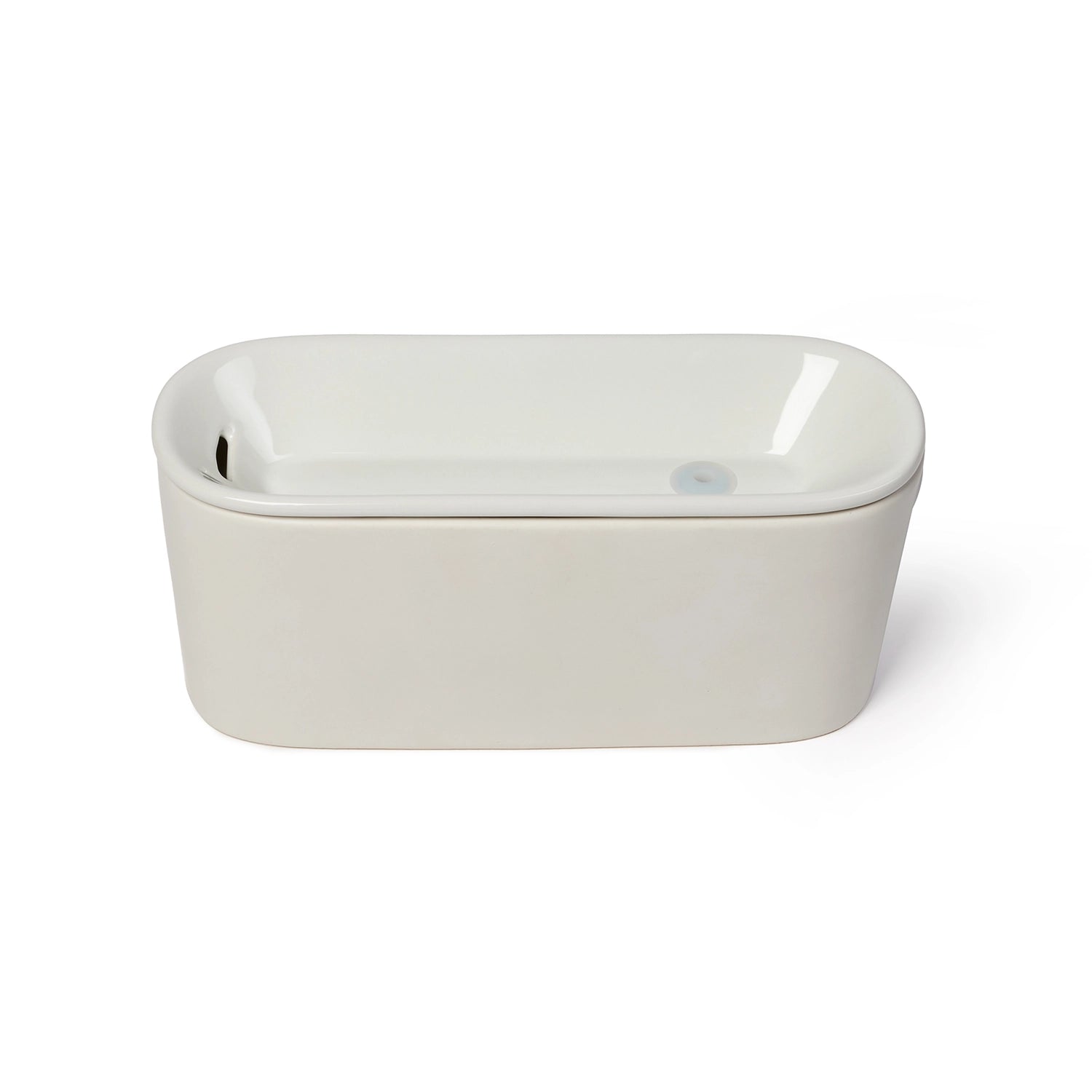 A front view of an empty light grey Cat Mate ceramic water fountain with an 800ml water capacity ehich is suitable for cats and small dogs on a white background. 