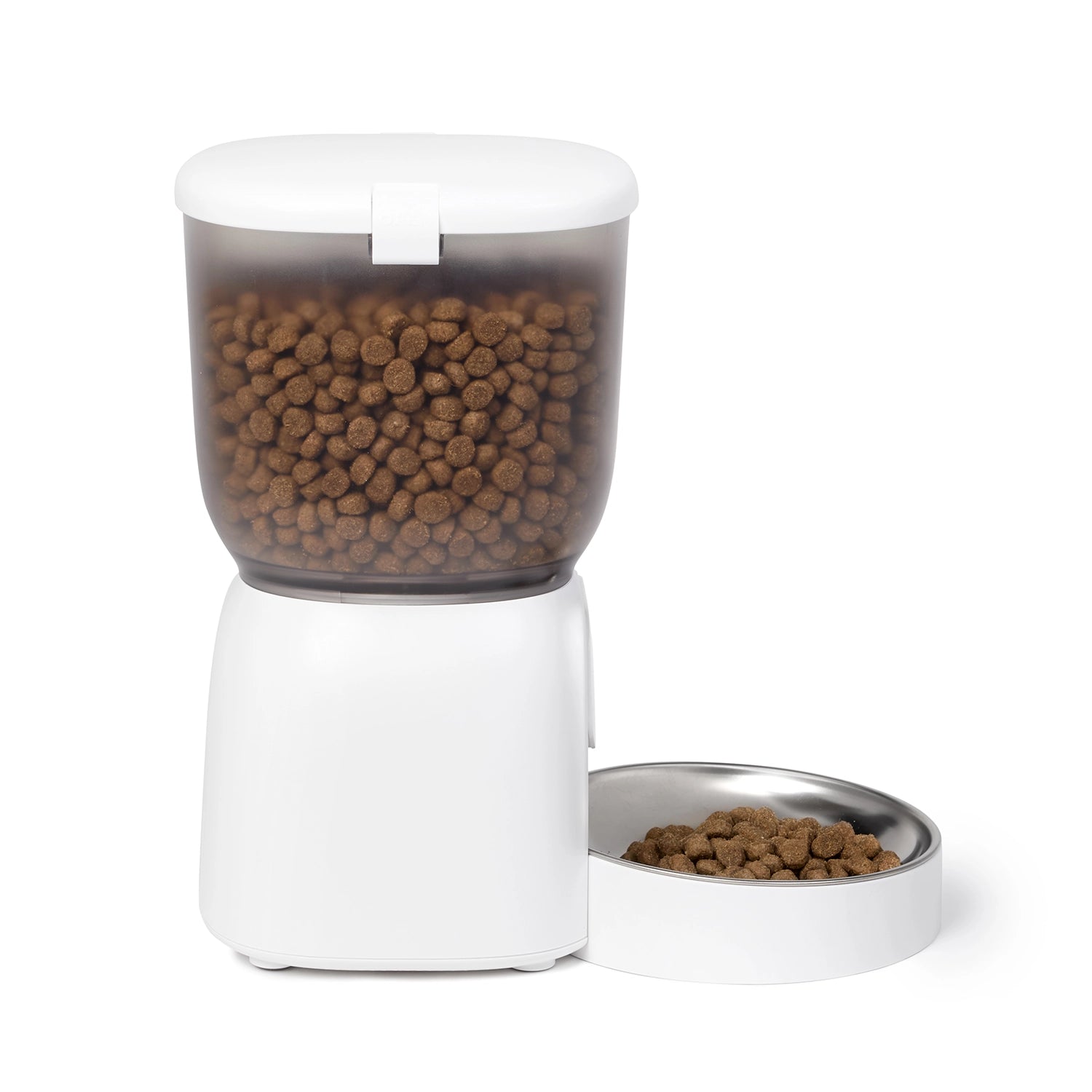 A side-on view of the Cat Mate wi-fi feeder with a white base and lid, and transparent hopper on a white background 