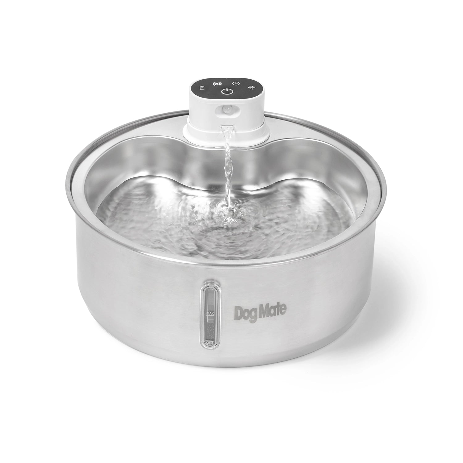 Stainless steel pet water fountain with digital display on a white background