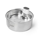 Stainless steel pet water bowl with a dispenser on a white background
