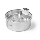 Stainless steel pet water fountain with water flowing on a white background