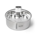 Stainless steel pet water bowl with digital display on a white background