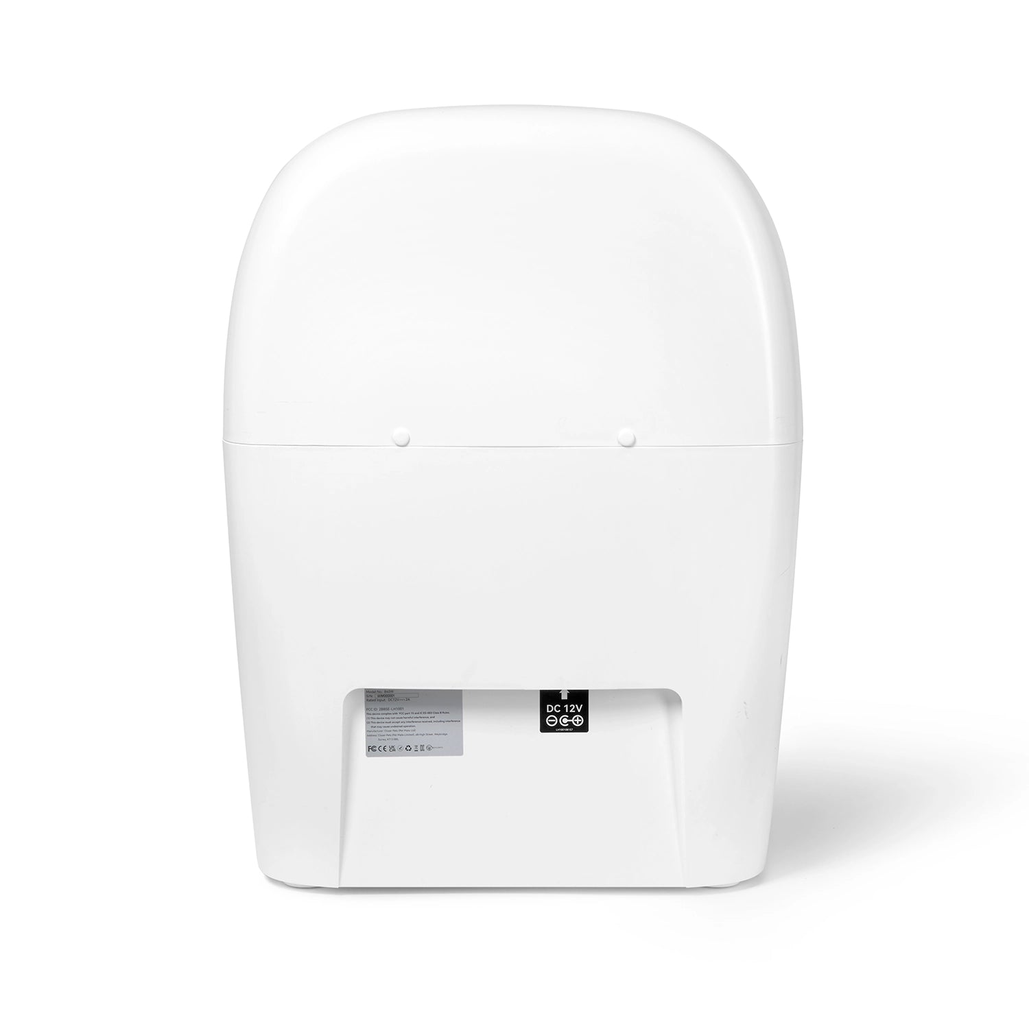 Rear view of Cat Mate automatic litter box in white showing smooth back panel with the product label, and QR code at centre bottom