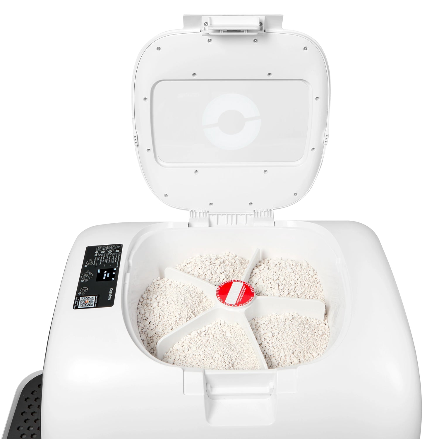 Top view of Cat Mate automatic litter box with lid open, showing five compartments filled with clumping litter arranged around central red sensor, with control panel visible on left side and white interior housing