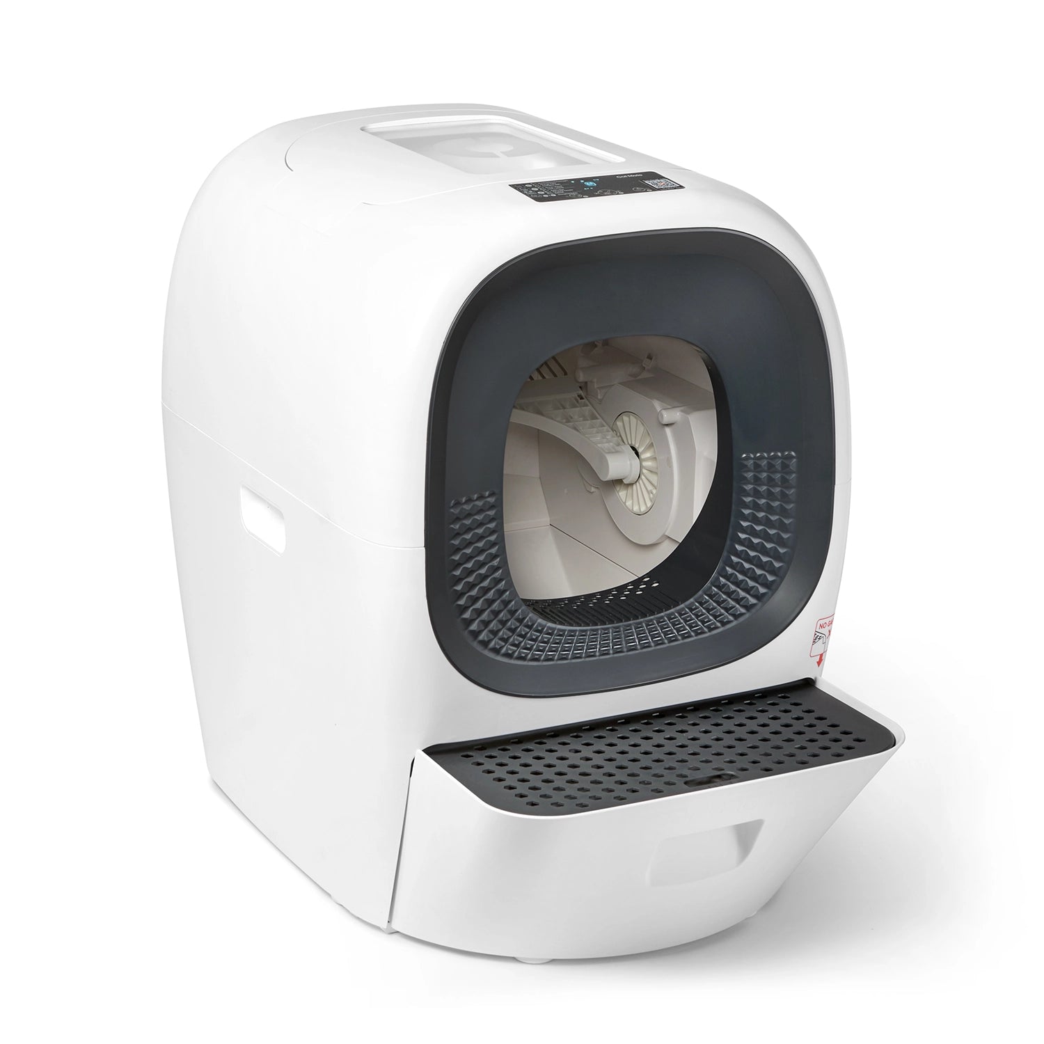 Cat Mate automatic self-cleaning litter box in white with dark grey interior cavity, front-facing entrance with perforated floor mat, pull-out waste drawer at base, and control panel on top