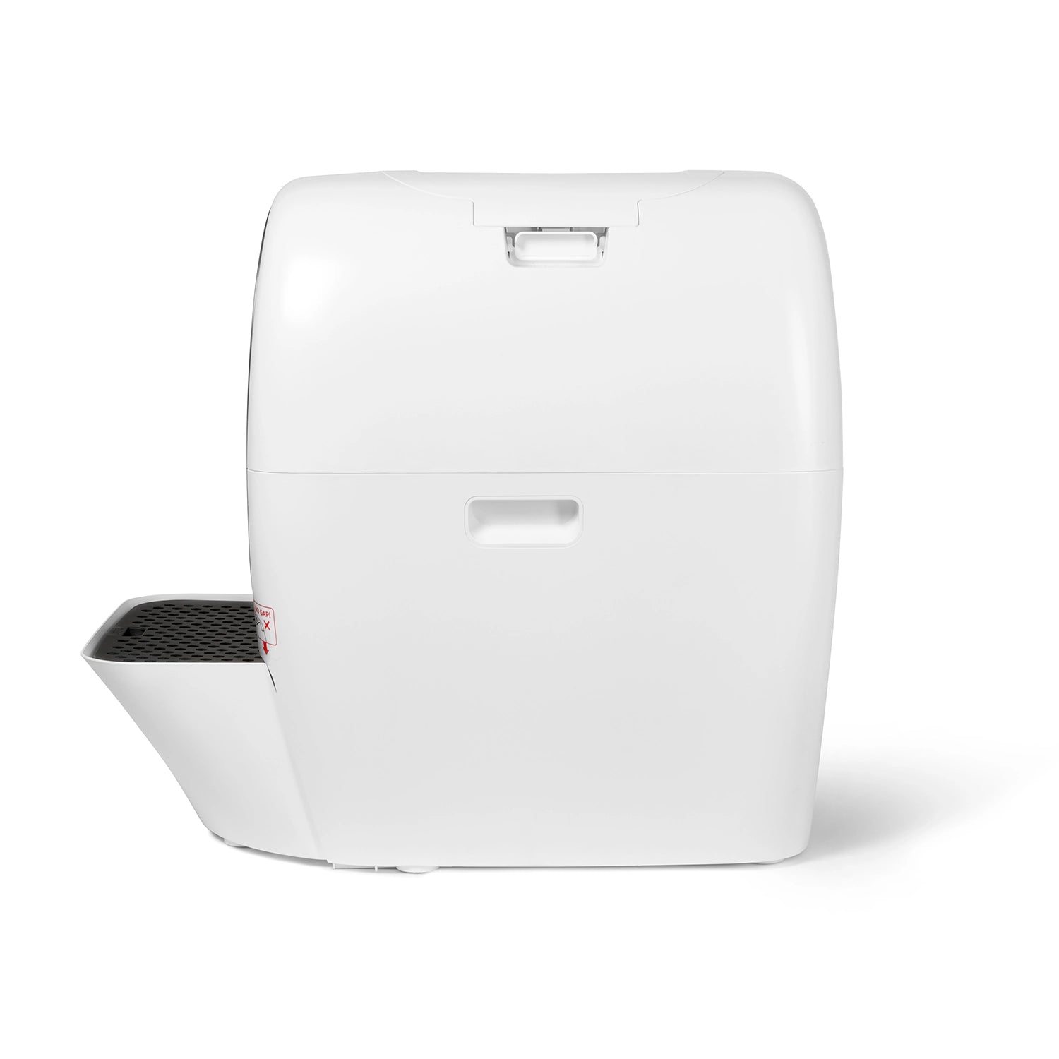 Side view of Cat Mate automatic litter box in white showing pull-out waste drawer with perforated mat, top handle, and smooth rounded exterior profile against white background
