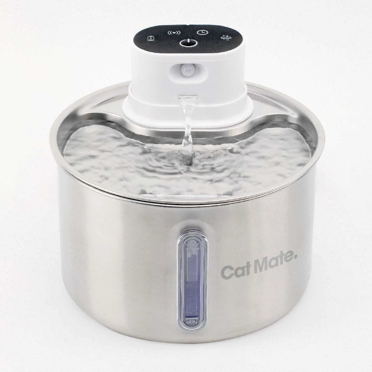 Cat Mate stainless steel water fountain on a white background shot in a front view style with water flowing out of the pump into the bowl at the top. The water level indicator shows that the reservoir is half full, on a white background. 