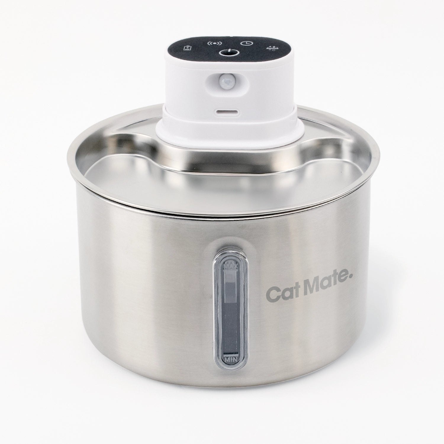 Stainless steel pet water fountain made by Cat Mate with a cordless design showing the reservoir as half full, and the bowl at the top as empty.  