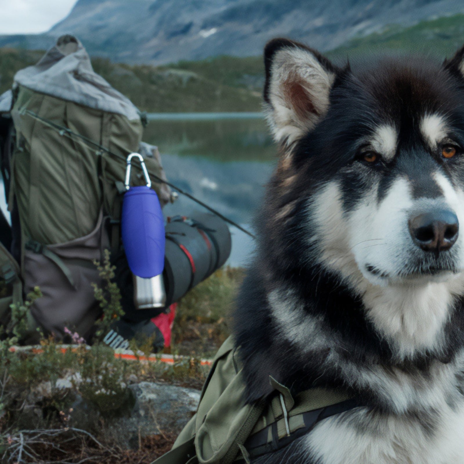 A Malamute dog in a wilderness setting with a backpack behind him. There is a dog mate dog travel flask clipped to the backpack.