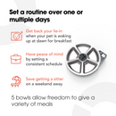 Infographic for a pet feeder with a circular tray containing five food compartments. Text at the top reads: 'Set a routine over one or multiple days.' Three benefits are listed: 'Get back your lie-in when your pet is waking up at dawn for breakfast', 'Have peace of mind by setting a consistent schedule', and 'Save getting a sitter on a weekend away'. Text at the bottom states: '5 bowls allow freedom to give a variety of meals.'