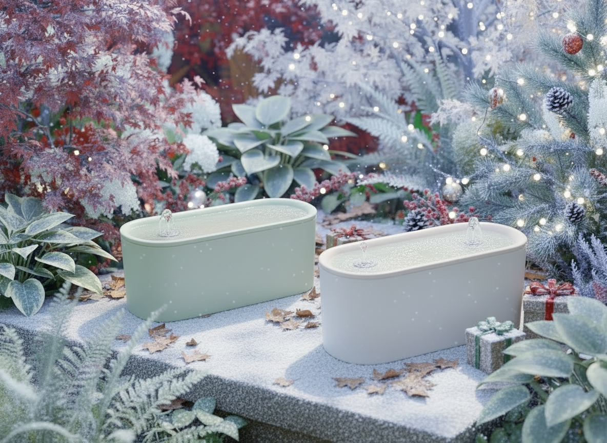 Two oval-shaped Cat Mate ceramic pet water fountains in light grey and sage  green displayed on a snowy surface amid a winter holiday decoration scene. The fountains are surrounded by frosted greenery, pine branches, berries, pinecones, and succulent plants dusted with artificial snow, creating a festive seasonal product photograph.