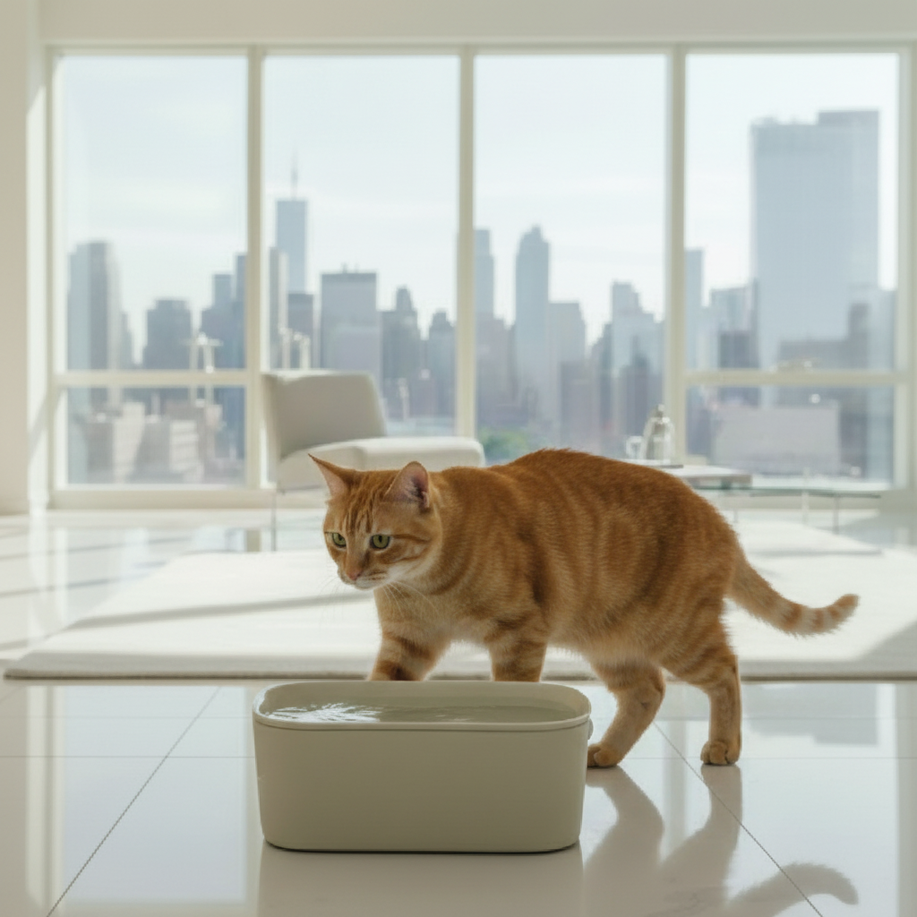 An orange tabby cat stands on a white floor next to a sage green ceramic cat drinking fountain with an 800ml capacity, made by Cat Mate,  in a bright, contemporary apartment with floor-to-ceiling windows overlooking a city skyline. 