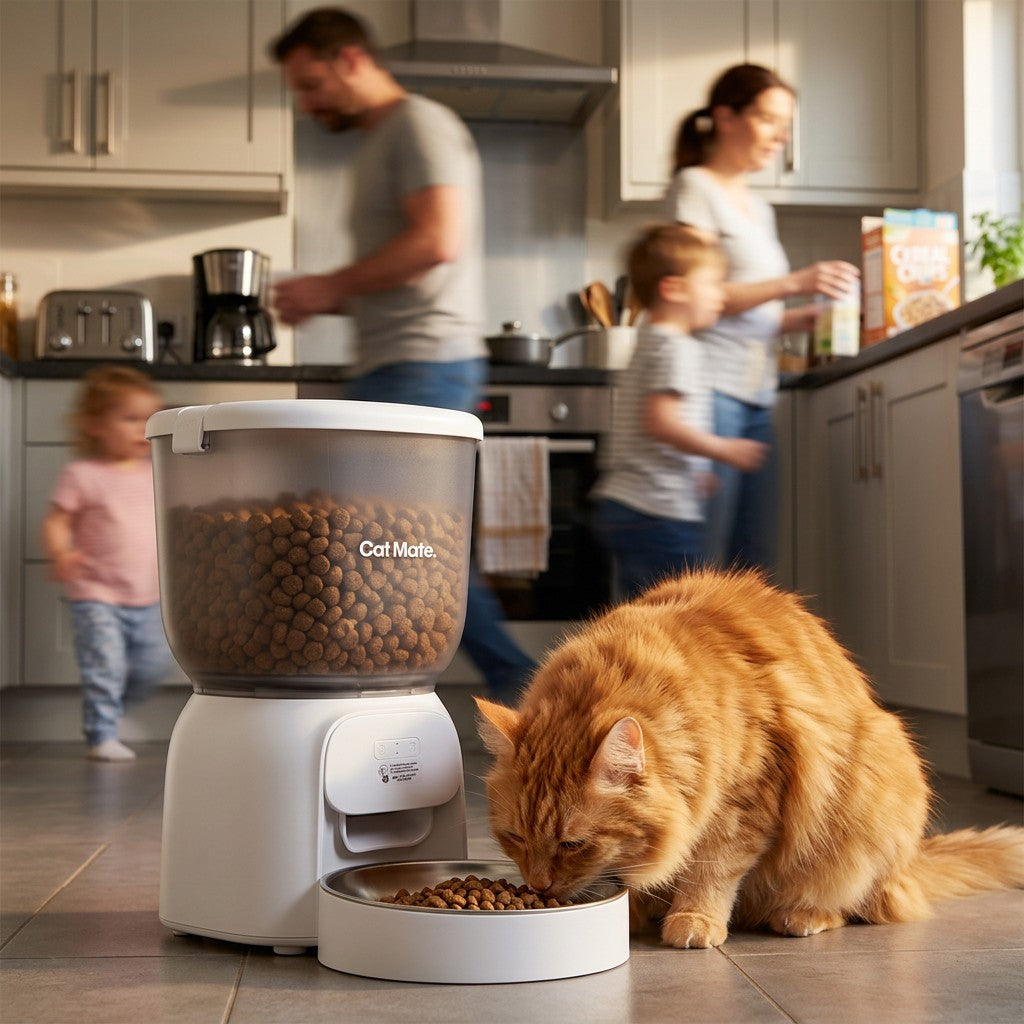 A white automatic Cat Mate cat feeder filled with dry cat food sits on a kitchen floor while an long haired orange tabby cat eats from the bowl. A family is blurred in the background of a modern kitchen.