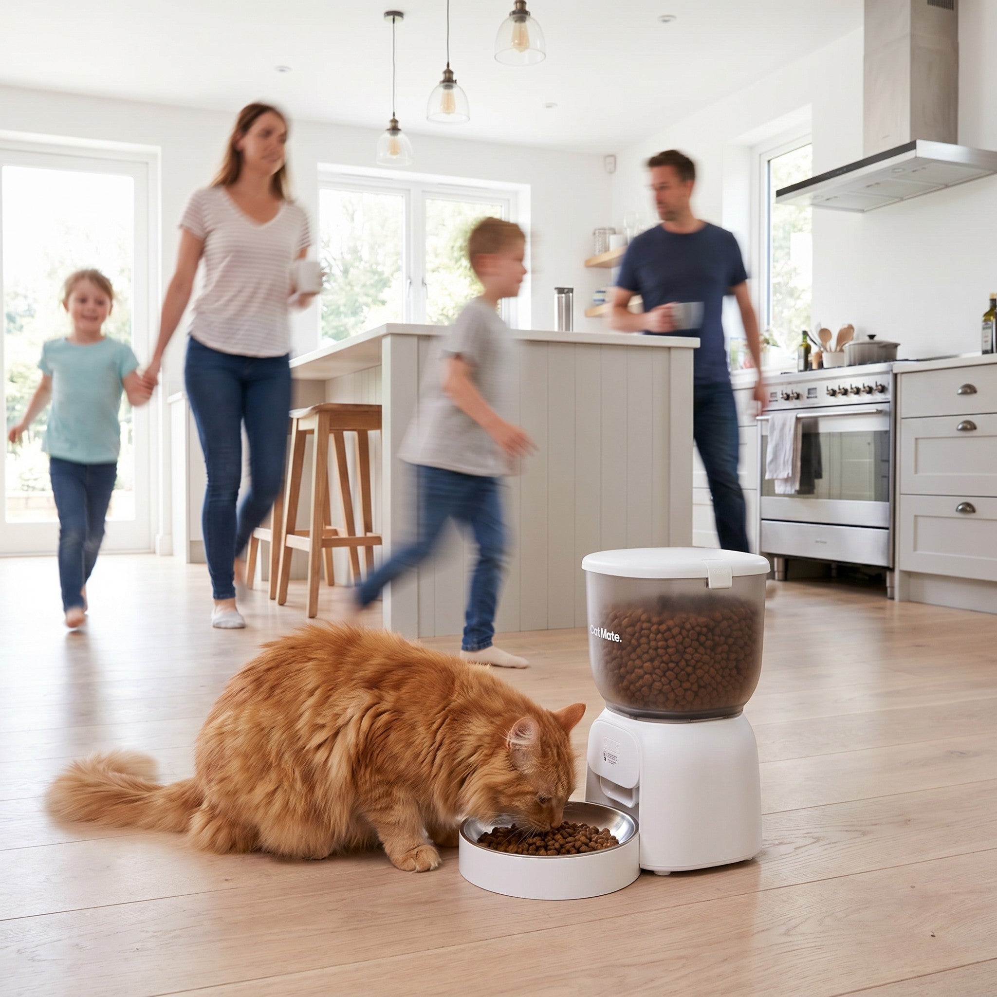 A longhaired orange cat eats from a white automatic Cat Mate Wi-Fi dry food pet feeder in a bright modern kitchen, with a woman, two children, and a man walking in the background.