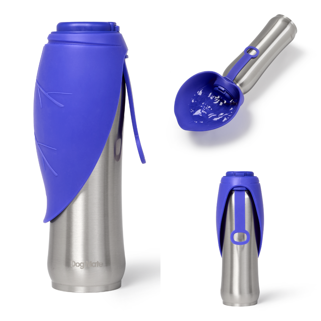 Dog Mate insulated stainless steel dog travel flask with a blue silicone leaf-shaped bowl attached to the lid, in various photos to show the versatile but practical features of the dog flask. 
