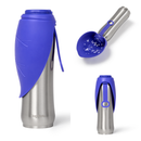 Dog Mate insulated stainless steel dog travel flask with a blue silicone leaf-shaped bowl attached to the lid, in various photos to show the versatile but practical features of the dog flask. 