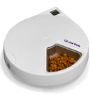 A white, automatic pet feeder with a stainless steel bowl filled with cat food. The brand 'Closer Pets' is visible on the device.