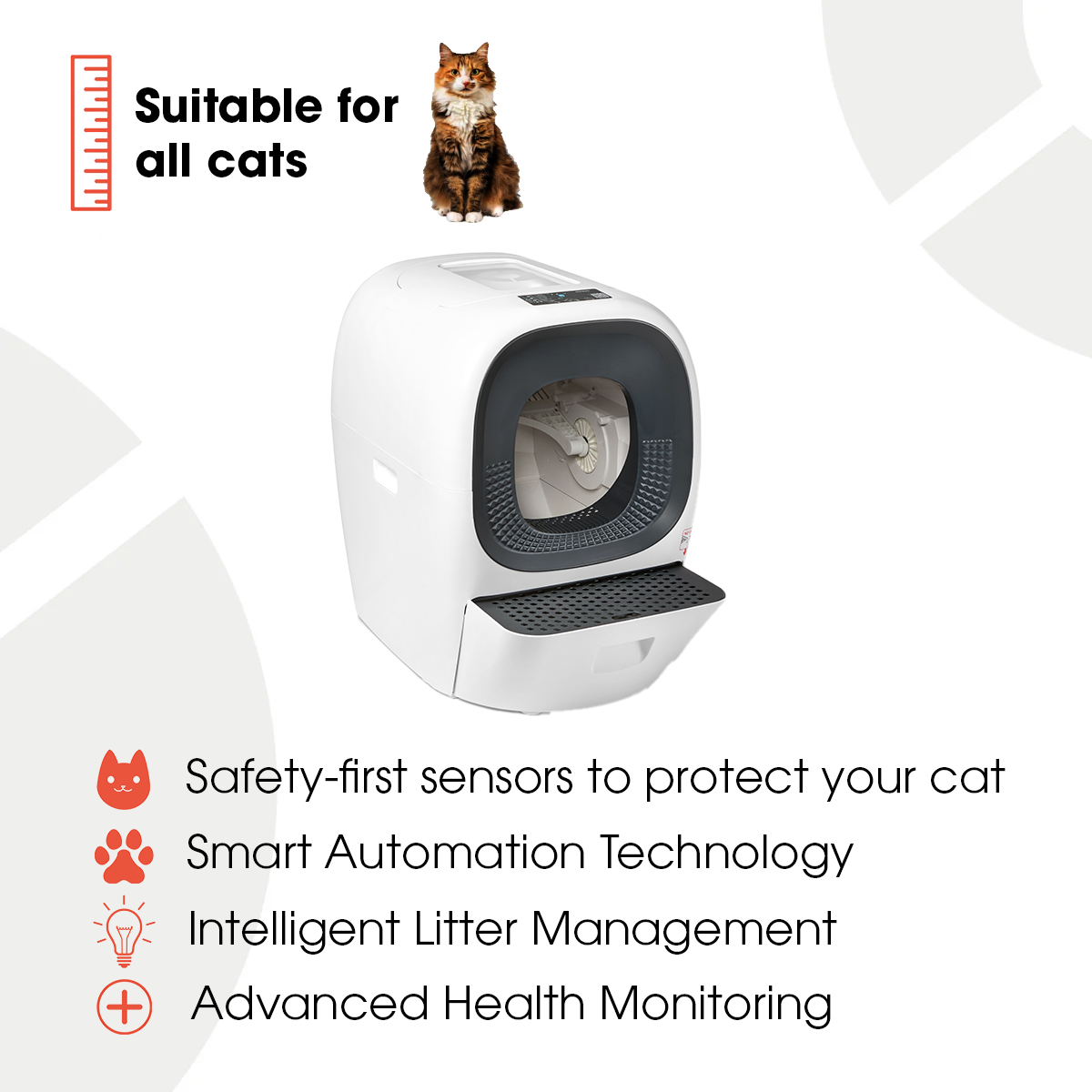 Cat Mate automatic litter box infographic showing white self-cleaning unit with cat inside, labelled 'Suitable for all cats' with bullet points highlighting safety-first sensors, smart automation technology, intelligent litter management, and advanced health monitoring features