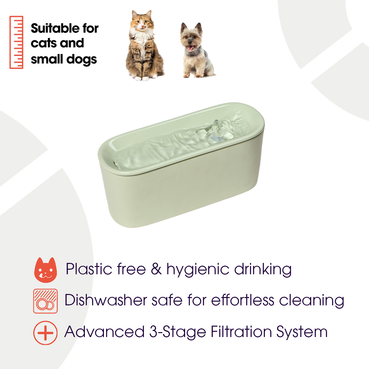 An infographic on a white background for the Cat Mate Ceramic Cat Water Fountain in sage green, with black text describing the product benefits as 'plastic free and hygienic drinking', 'dishwasher safe for effortless cleaning' and 'advanced 3-stage filtration system'. 