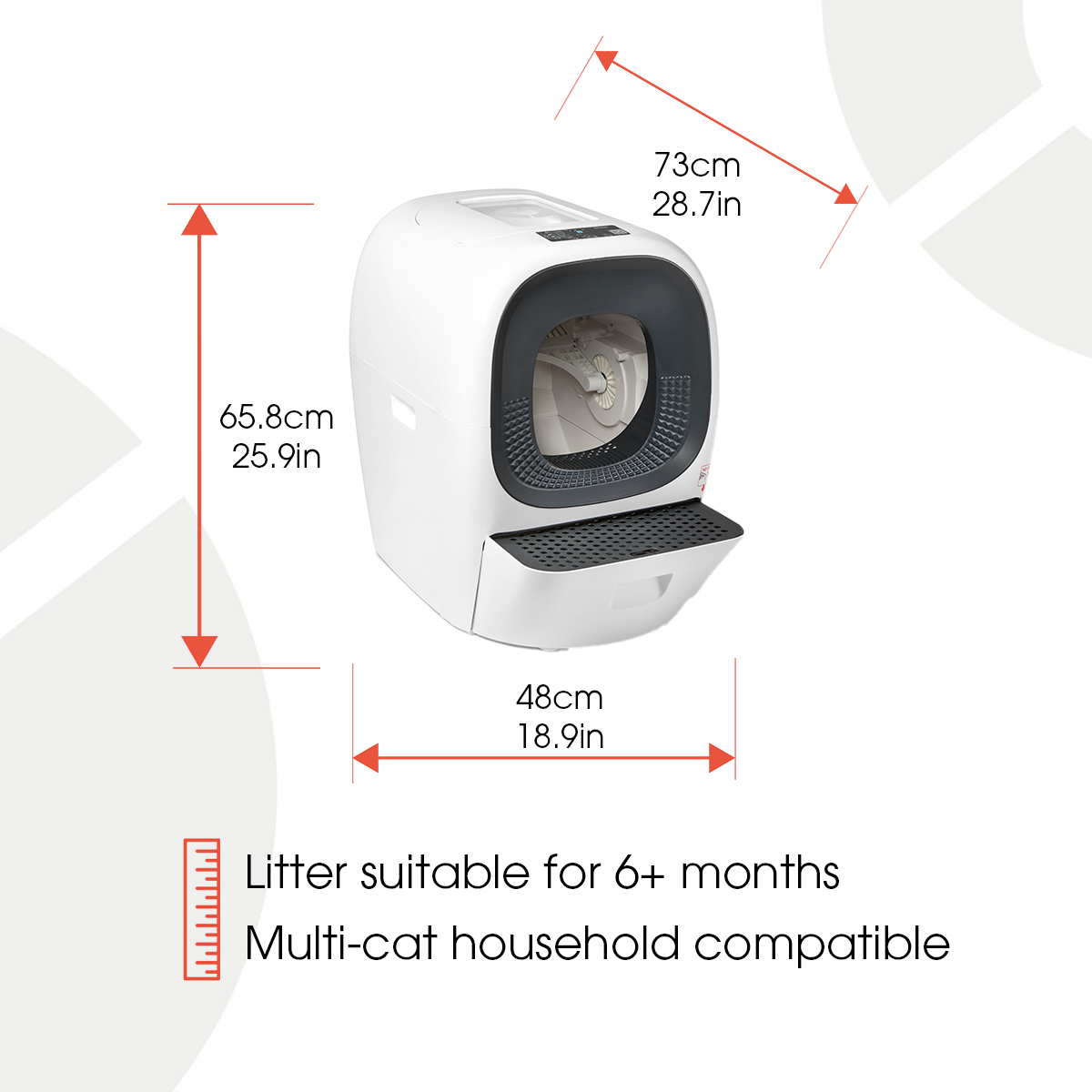 Cat Mate automatic litter box dimensions diagram showing height of 65.8cm (25.9in), width of 48cm (18.9in), and depth of 73cm (28.7in), with cat inside unit, labeled as suitable for kittens 6+ months and multi-cat household compatible