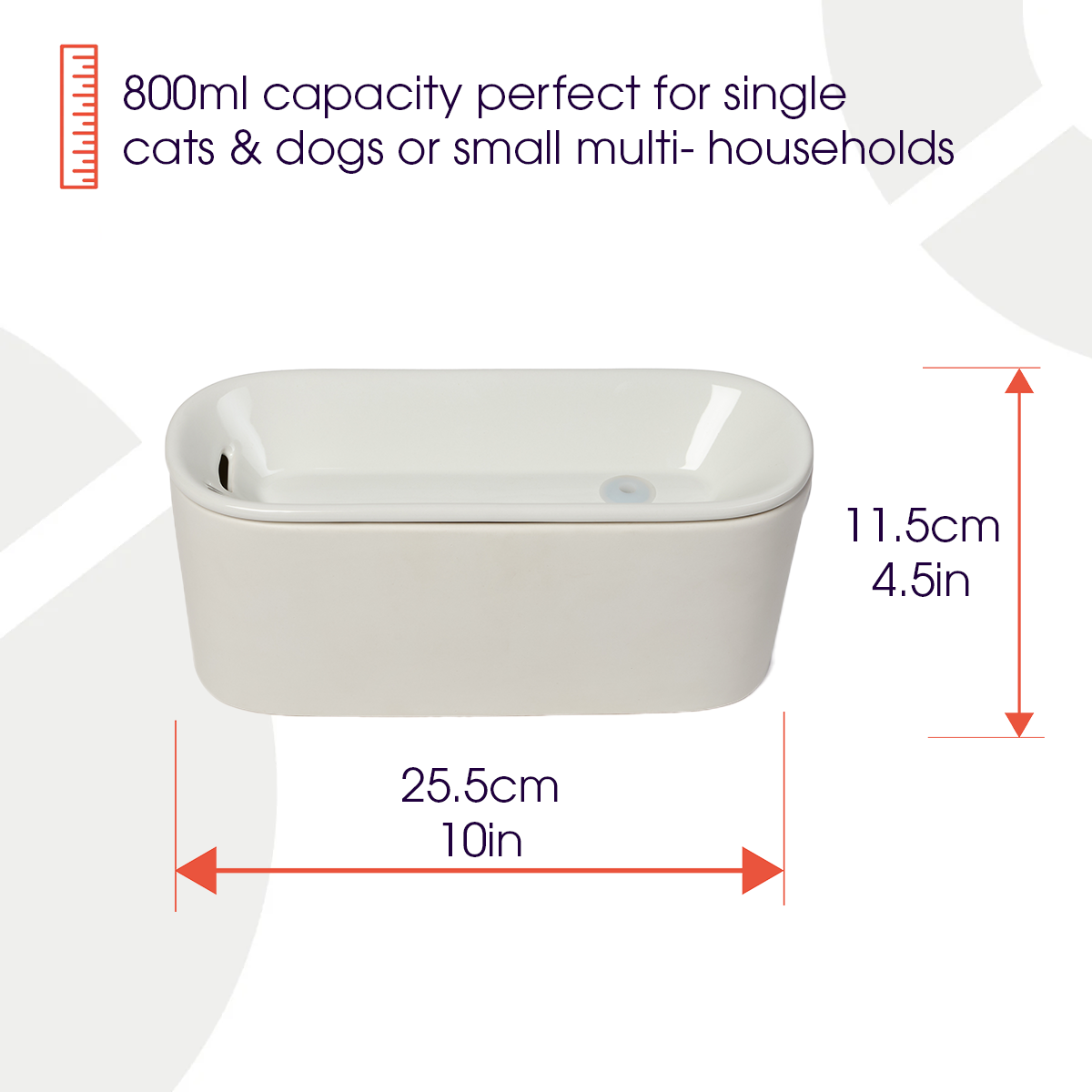 Infographic showing the dimensions for the Cat Mate ceramic water drinking fountain for cats as 25.5cm long and 11.5cm high with black text and orange arrows on a white background. 