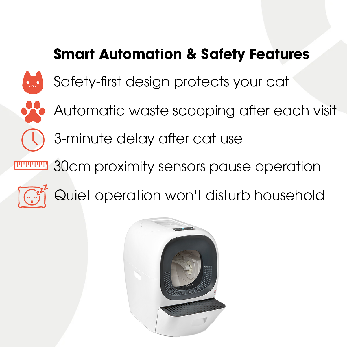 Cat Mate smart automation and safety features infographic showing white litter box with cat inside, listing safety-first design, automatic waste scooping after each visit, 3-minute delay after cat use, 30cm proximity sensors to pause operation, and quiet operation that won't disturb household