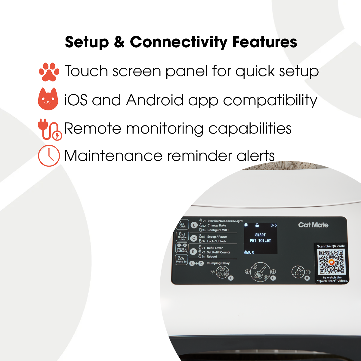 Cat Mate litter box setup and connectivity features infographic showing top control panel with touchscreen interface, listing iOS and Android app compatibility, remote monitoring capabilities, and maintenance reminder alerts