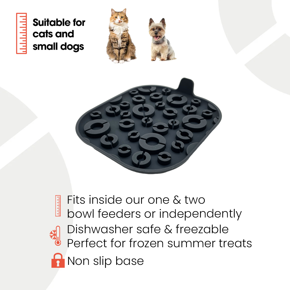 Infographic of a black textured feeding mat designed for cats and small dogs. The mat has various raised circular patterns and a small handle tab. Text highlights features including: fits inside one and two bowl feeders or can be used independently, dishwasher safe and freezable, perfect for frozen summer treats, and has a non-slip base. Above the mat are images of a cat and a small dog.